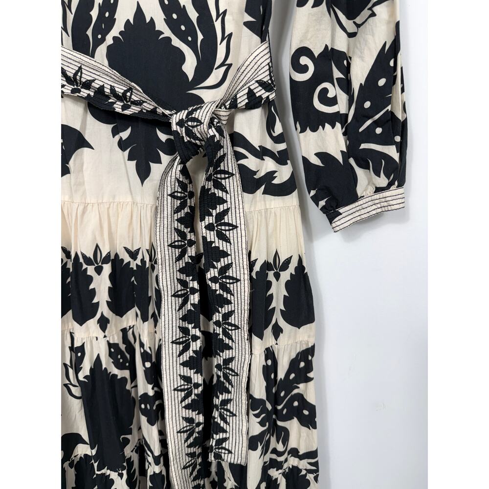 Zara Black Ecru Printed Belted Maxi Dress Ruffle Hem Size XS - Picture 6 of 16